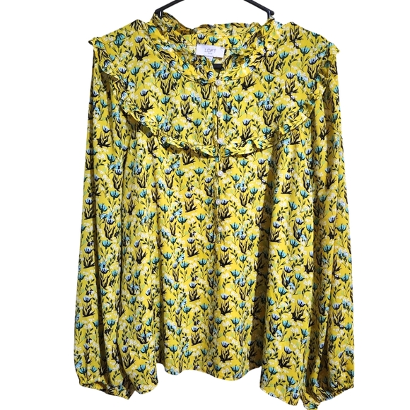 LOFT yellow floral button down long sleeve top ruffles cottagecore womens XL - Picture 1 of 6